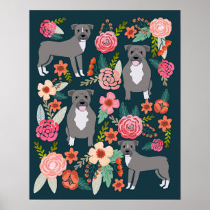 Pôster Arte floral do cão de Pitbull Terrier