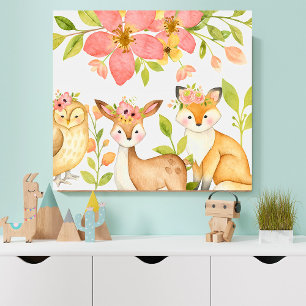 Poster Arte Floral em Aquarela de Animais da Floresta par