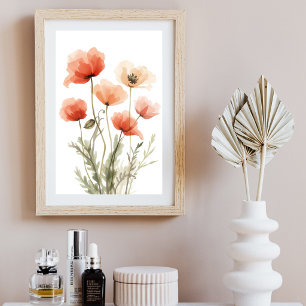 Poster Arte Floral em Aquarela Papoulas Coral