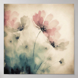 Poster Arte floral em aquarela rosa