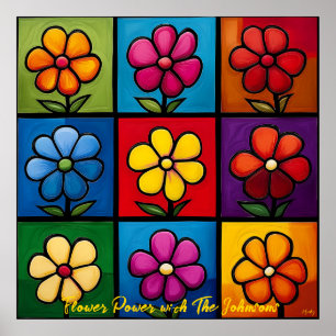 Poster Arte Floral em Grade Pop Colorida para Parede
