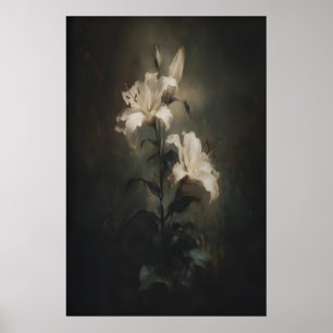 Poster Arte Floral Escura de Lírio Branco Imprimível