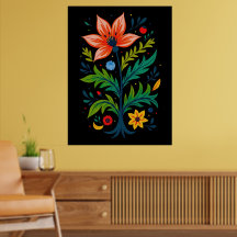 Arte Floral Folclórica Vibrante Botânica Escura Si