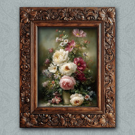 Poster Arte Floral Francês Vintage Rosa e Branco Peônia