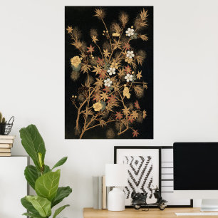 Poster Arte Floral Outonal em Preto e Dourado Japonês Vin
