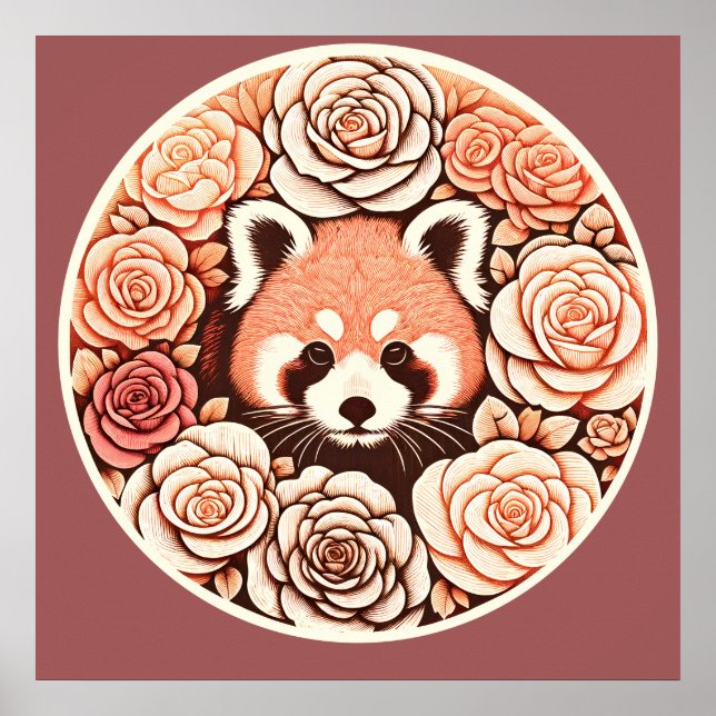 Poster Arte Floral Vermelha Panda Vermelha Cura (Frente)