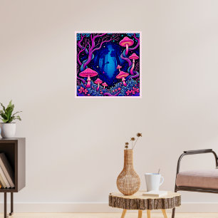 Poster Arte Floresta de Cogumelo Rosa Neon