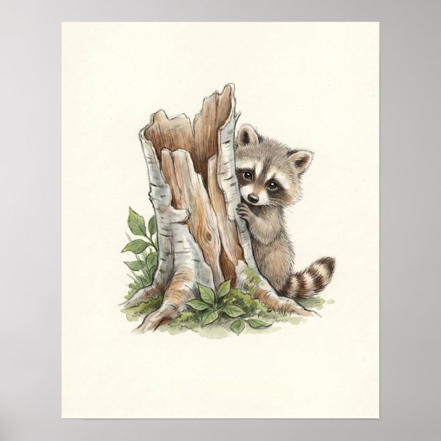 Poster Arte Florestal de Mapache Curioso em Aquarela (Frente)
