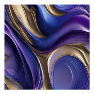 Pôster Arte Fluida Abstrata Moderna - Azul Roxo e Dourado