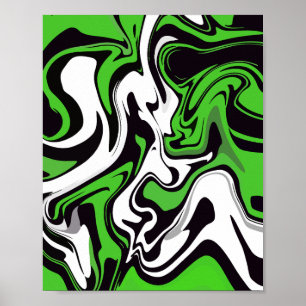 Poster Arte Fluida Abstrata Verde, Preta e Branca