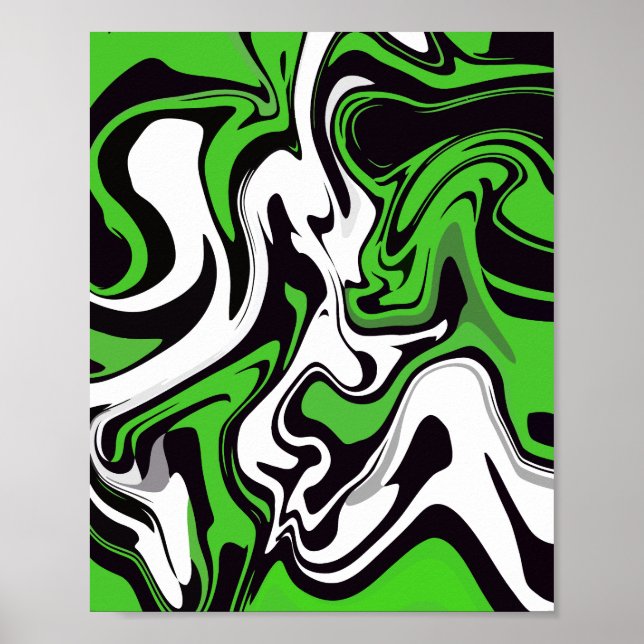 Poster Arte Fluida Abstrata Verde, Preta e Branca (Frente)