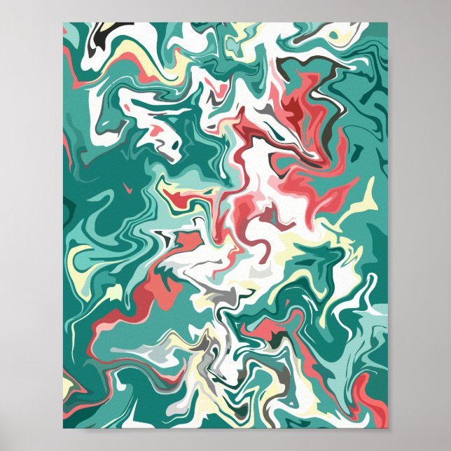 Poster Arte Fluido Abstrato em Verde, Branco e Vermelho (Frente)