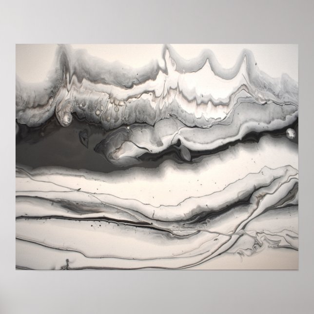 Poster Arte Fluido Abstrato Horizontal Preto Cinza Branco (Frente)