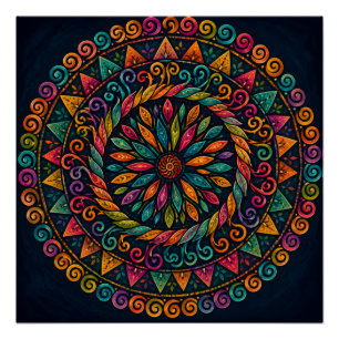 PÔSTER ARTE FOLCLÓRICA FLORAL MANDALA BOTÂNICA CIRCULAR V