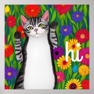 Poster Arte Folclórica Gato Colorido e Flores dizendo Olá