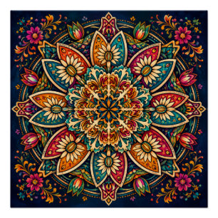 PÔSTER ARTE FOLCLÓRICA MANDALA FLORAL DESIGN CIRCULAR BOT