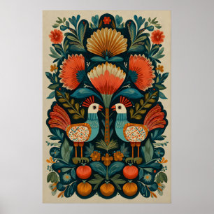 Poster Arte Folclórica Mexicana de Pássaros Giclée Impres