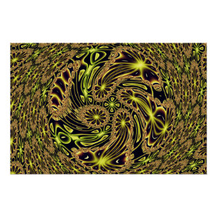 Pôster Arte Fractal Abstrata Feliz Dança Neon Dourado
