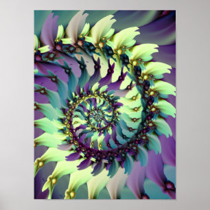 Poster Arte Fractal Espiral Vibrante Roxo e Azul Turquesa