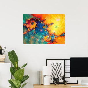 POSTER ARTE FRACTAL LARANJA AZUL ABSTRATA