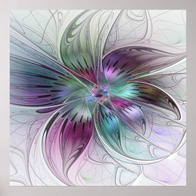 Poster Arte Fractal Moderna Floral Colorida Abstrato (Frente)