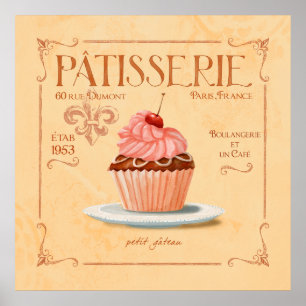 Poster Arte francesa do cupcake do Patisserie, pequeno