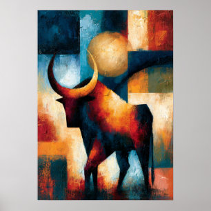 Poster Arte Geométrica de Animal Japonês Touro Carmesim