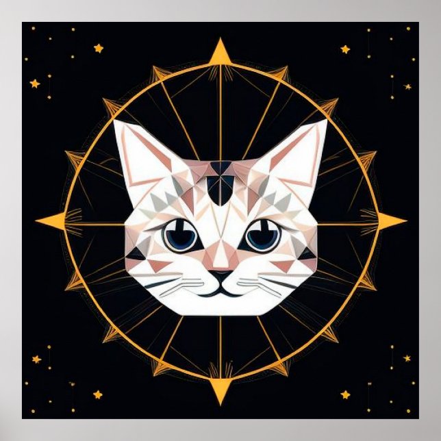 Poster Arte Geométrica de Gato com Estrelas Douradas para (Frente)