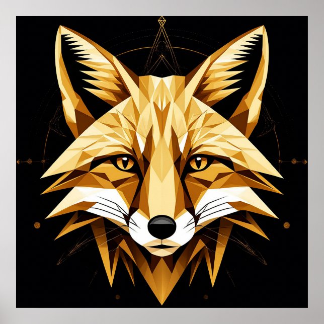 Poster Arte Geométrica de Raposa com Tons Dourados Decora (Frente)