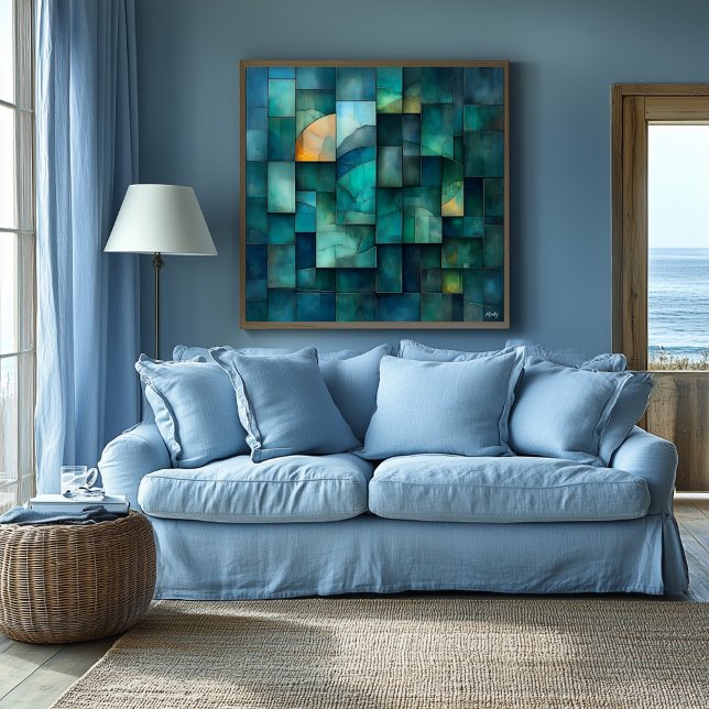 Pôster Arte Geométrica em Camadas Abstrato - Teal e Azul (Criador carregado)