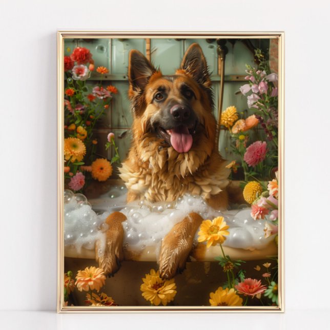 Poster Arte german shepherd, German shepherd na Banheira (German Shepherd Art - German Shepherd enjoying a relaxing bath full of bubbles and beautiful flowers)