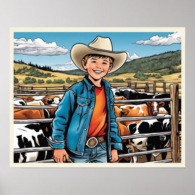 Poster Arte Gráfica do Cowboy Bovinos Rancher Menino (Frente)