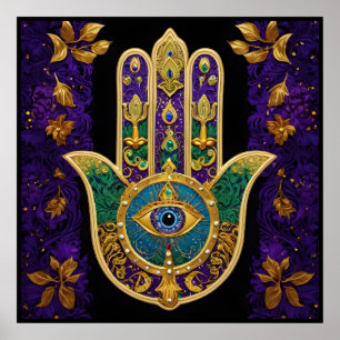 Poster Arte Hamsas Dourado Roxo Verde do Mardi Gras