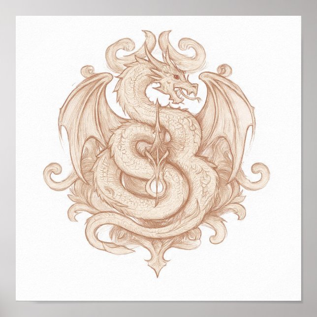 Poster Arte Heráldica Simétrica: Emblema de Dragão Gótico (Frente)