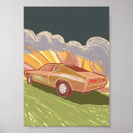 Poster Arte Impasto Retro Muscle Car Estrada Giratória Pô