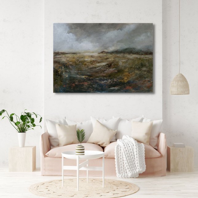 Poster Arte Impressionista de Paisagem Abstrato Neutra (Neutral Abstract Landscape Impressionist Art Poster in large scale in living room mock up.)