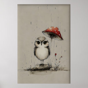 Poster Arte Imprimível de Coruja sob Cogumelo, Esboço de