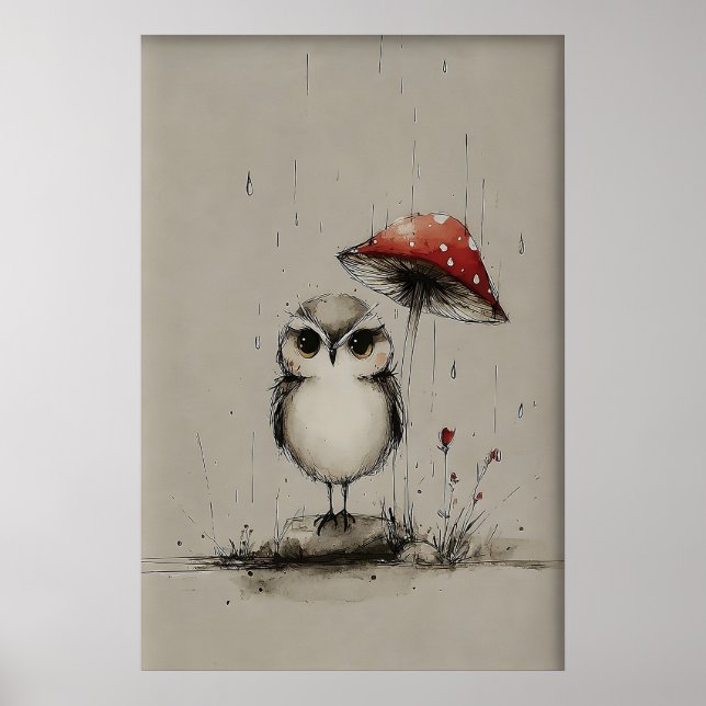 Poster Arte Imprimível de Coruja sob Cogumelo, Esboço de  (Frente)
