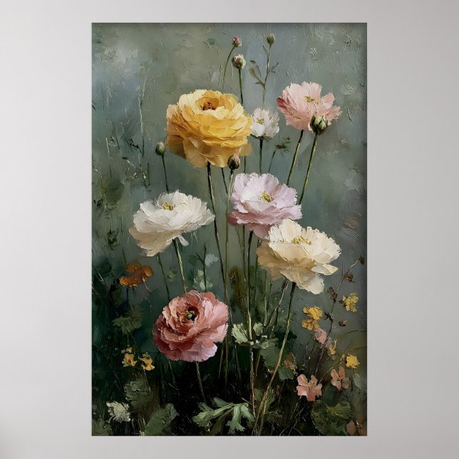 Poster Arte Imprimível de Ranunculus, Antiga Primavera (Frente)