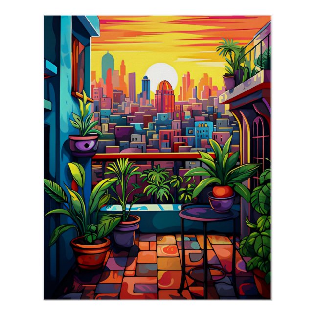 Pôster [Arte Imprimível] Sunset em uma cidade, Estilo Mat (Frente)