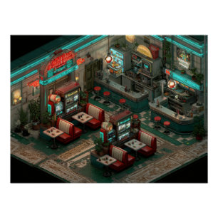 Pôster Arte Isométrica de Lanchonete Cyberpunk Neon