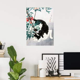 Poster Arte Japonês Antigo Gato Preto e Branco Tomate