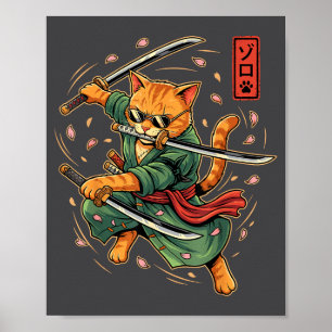 Poster Arte Japonês de Anime Samurai Gato Três Espadas