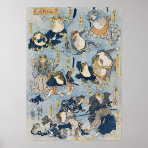 Poster Arte Japonesa Antiga de Rãs Guerreiras Ukiyo-e