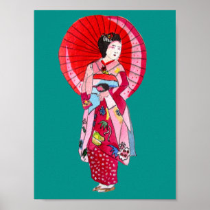 Poster Arte japonesa da gueixa com guarda-chuva