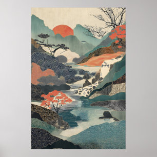 Poster Arte Japonesa de Paisagem Impressa Queda d'Água, S