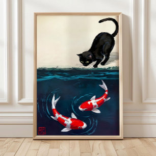 Poster Arte Japonesa Divertida de Peixe Koi Vermelho e Ga