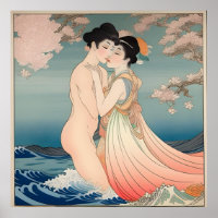 Arte japonesa, pintura de papel de seda, amantes