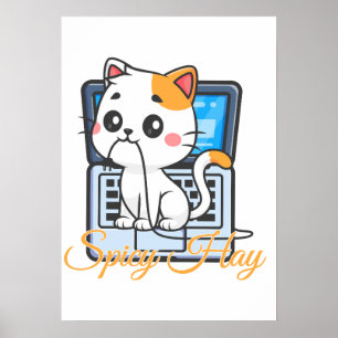 Poster Arte Kawaii de Gato Divertido Mordendo Cabo de Fen