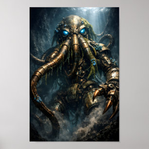 Poster Arte Kraken Mecha Steampunk de Mar Profundo